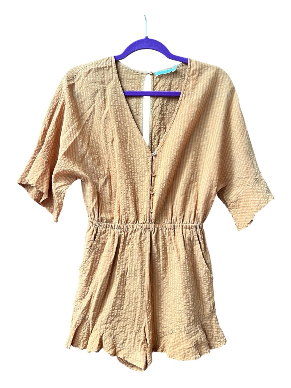 Lush Mustard Yellow Striped Textured V-Neck Short Sleeve Ruffled Romper Small